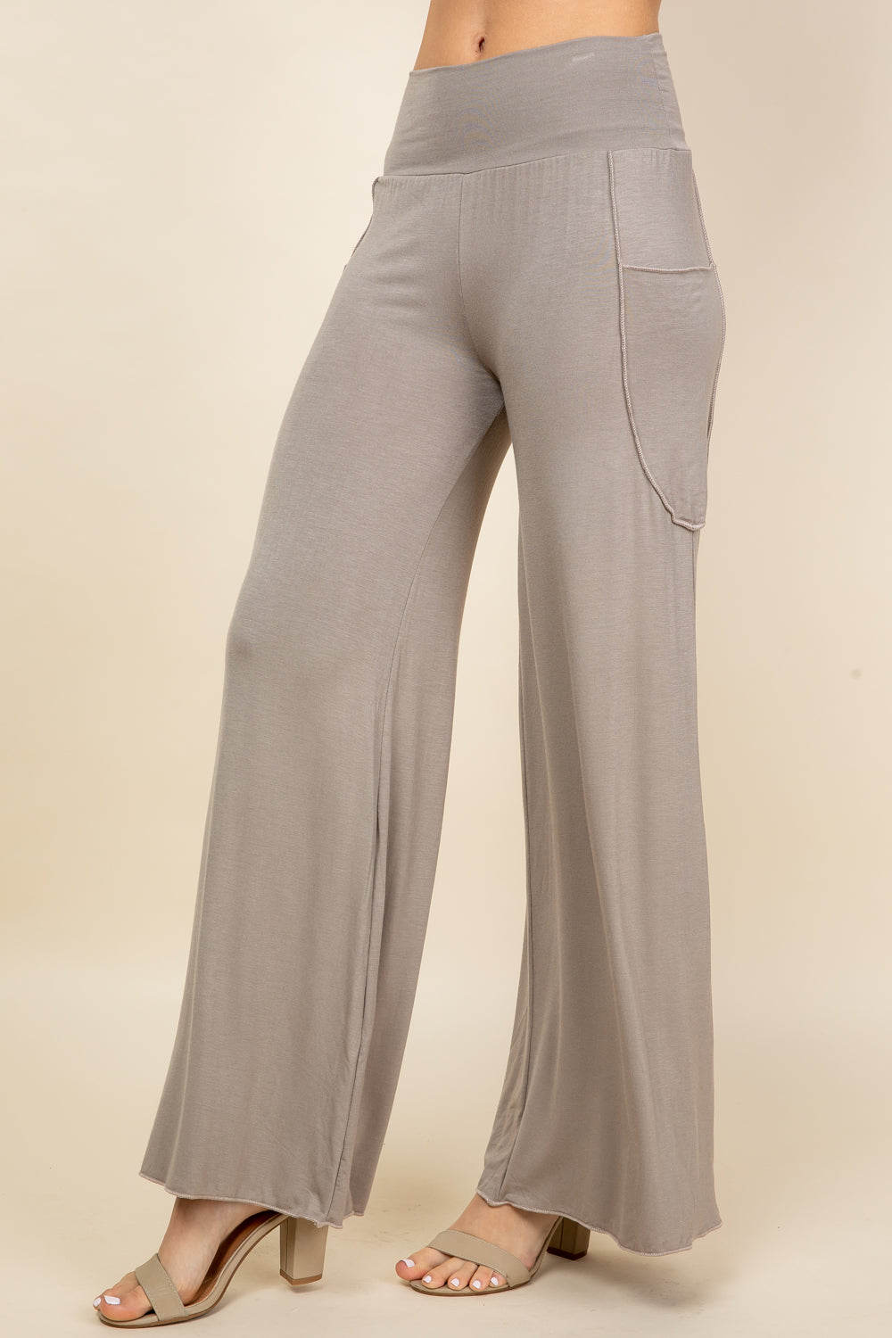 Side view of dark heather palazzo lounge pants – comfortable fit with stretch waistband