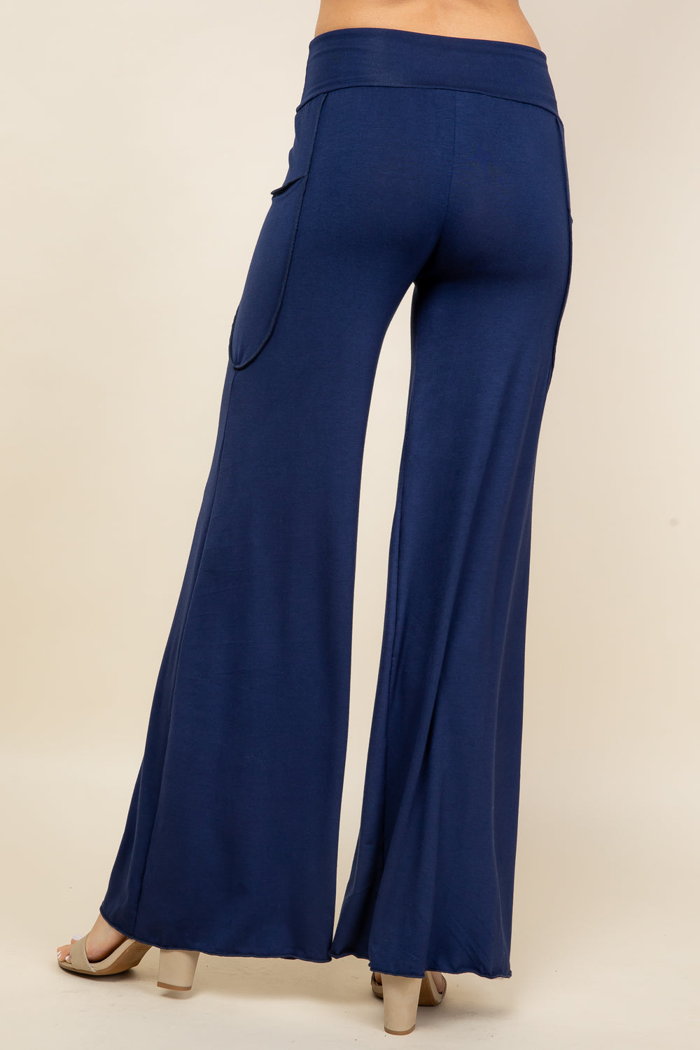 Back view of navy blue palazzo wide leg pants – soft pants for women made in USA