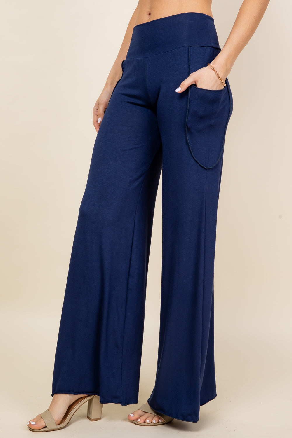 Side view of navy blue palazzo lounge pants – comfortable fit with stretch waistband
