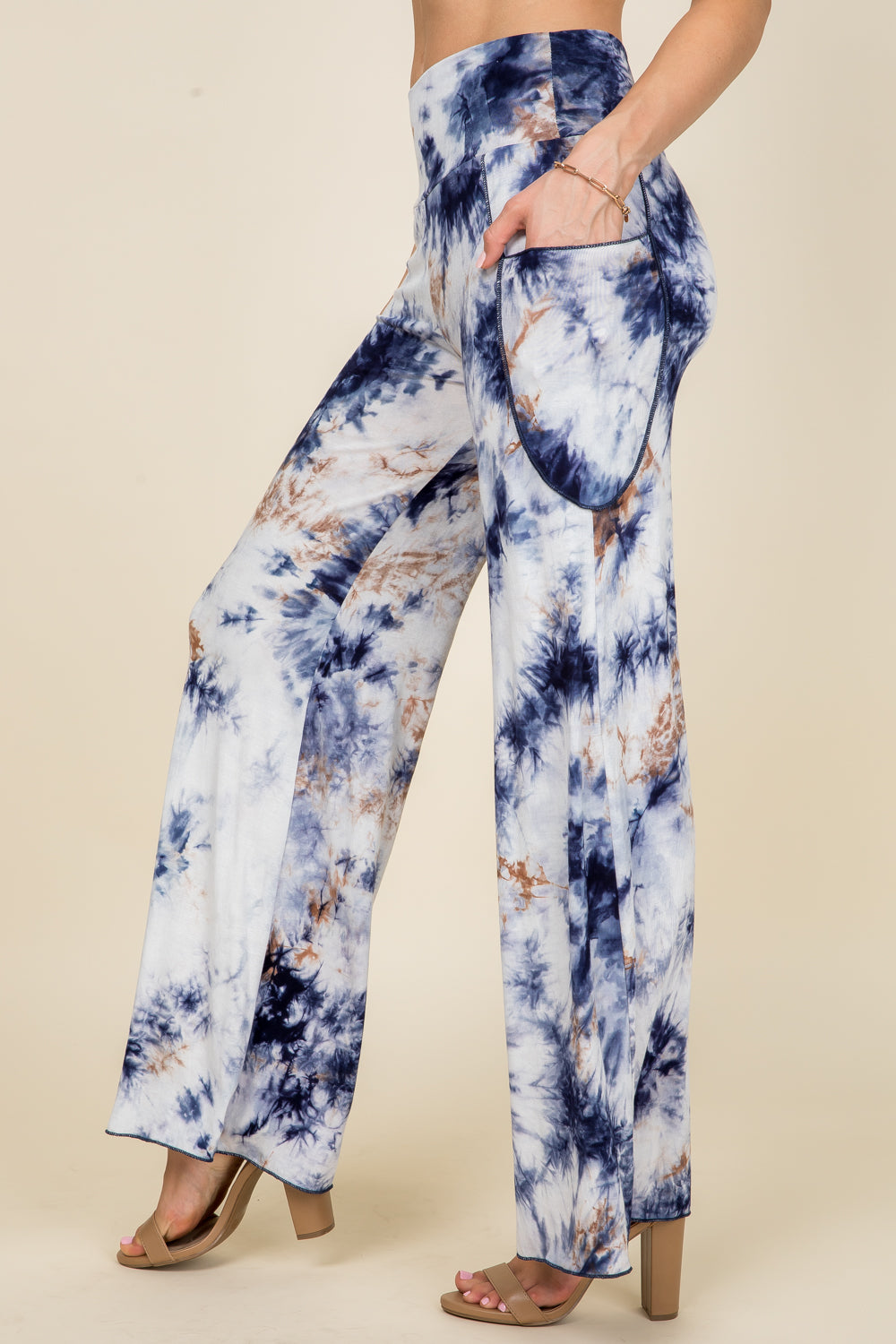 Side view of navy tie-dye palazzo lounge pants – comfortable fit with stretch waistband