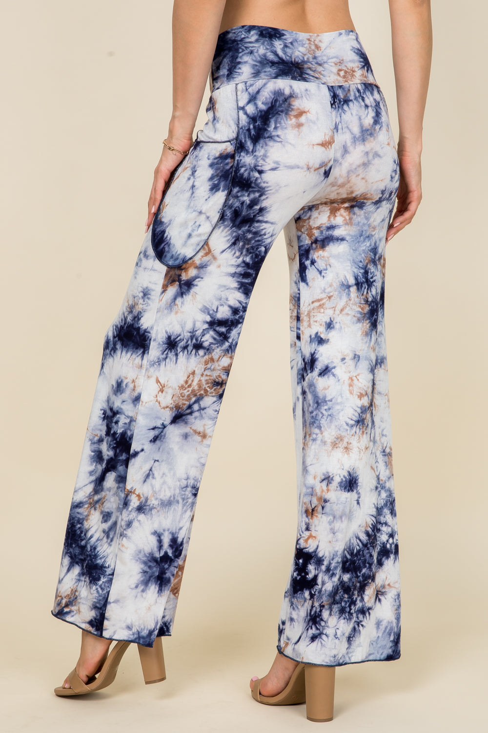 Back view of navy tie-dye palazzo wide leg pants – soft pants for women made in USA