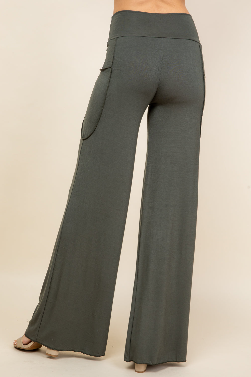 Back view of olive palazzo wide leg pants – soft pants for women made in USA