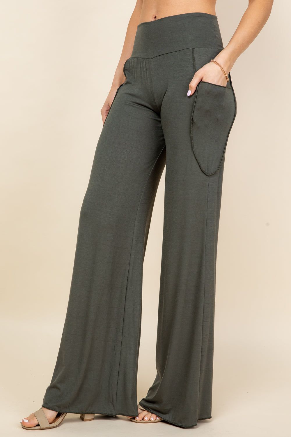 Side view of olive palazzo lounge pants – comfortable fit with stretch waistband
