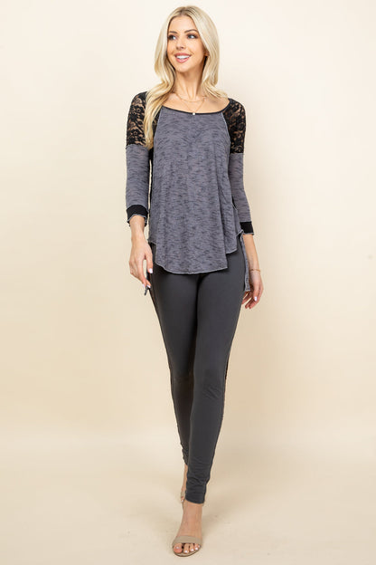 Lace Trim Tunic Top - Charcoal Slub