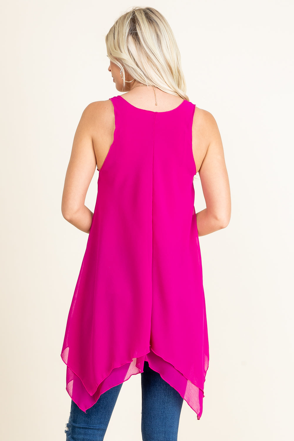 Back view of fuchsia sleeveless swing tunic – made in Los Angeles, USA