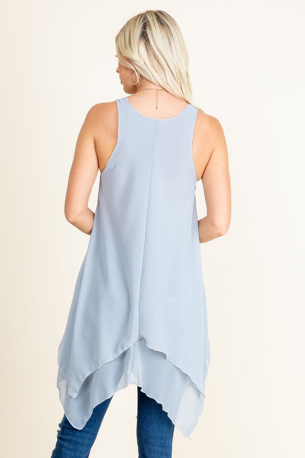 Back view of grey sleeveless swing tunic – made in Los Angeles, USA