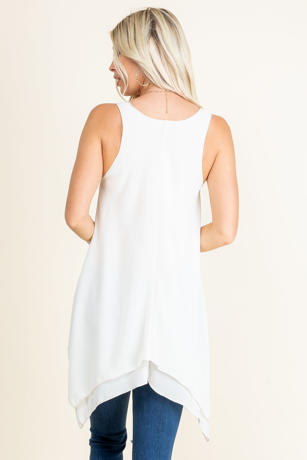 Back view of ivory sleeveless swing tunic – made in Los Angeles, USA