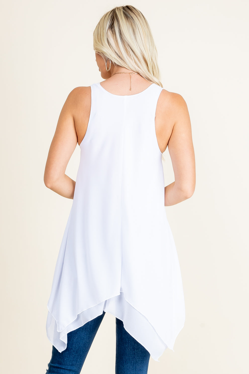 Back view of white sleeveless swing tunic – made in Los Angeles, USA