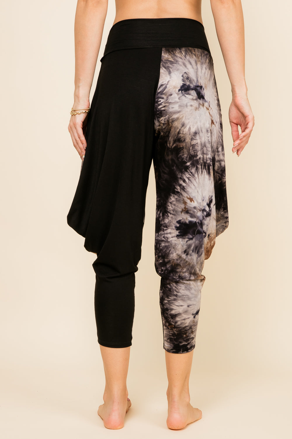 Back view of black patchwork harem pants with adjustable hem and pockets – Kooniez