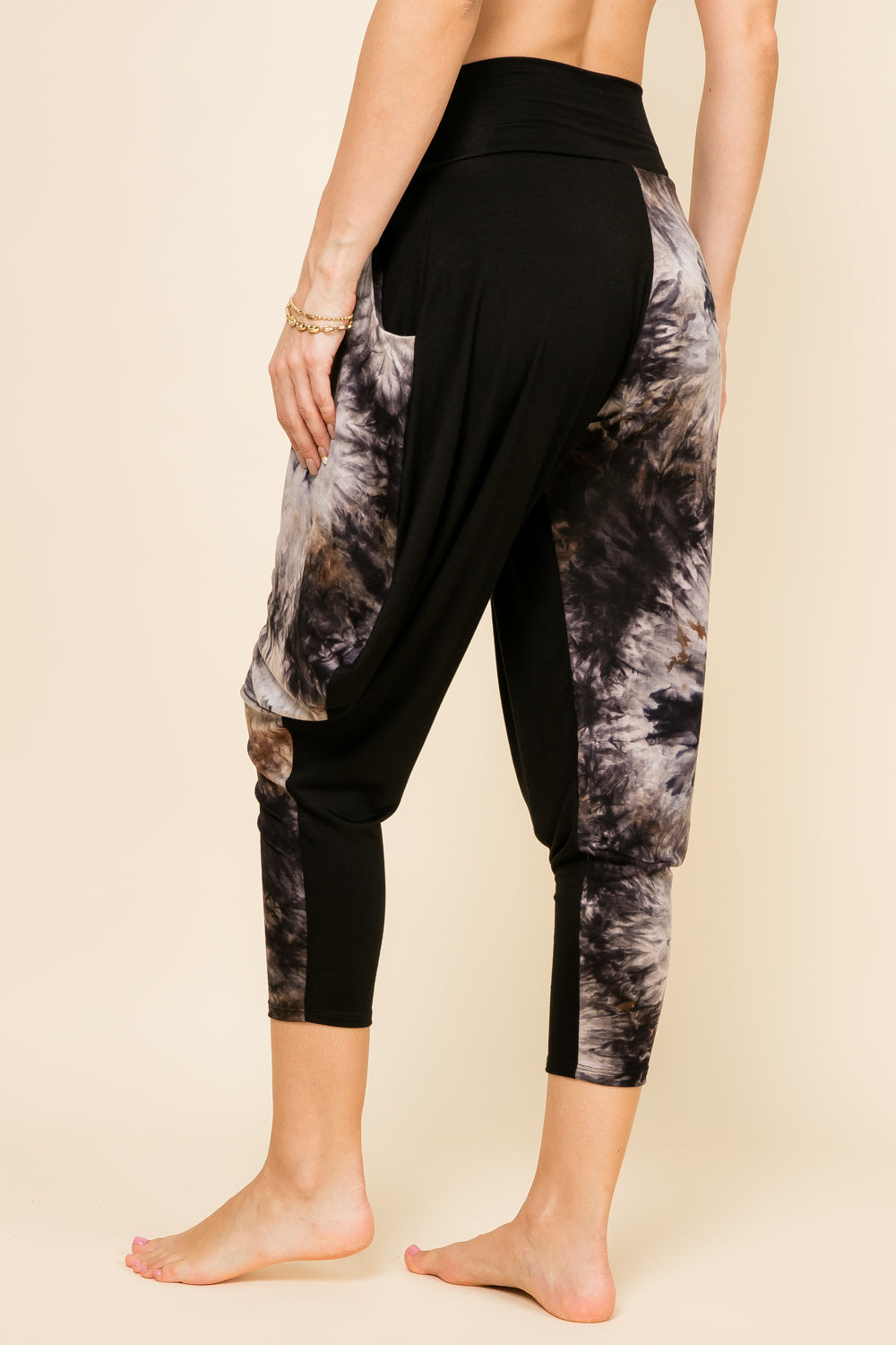 Side view of black patchwork women’s harem pants with stretch waistband – Kooniez brand