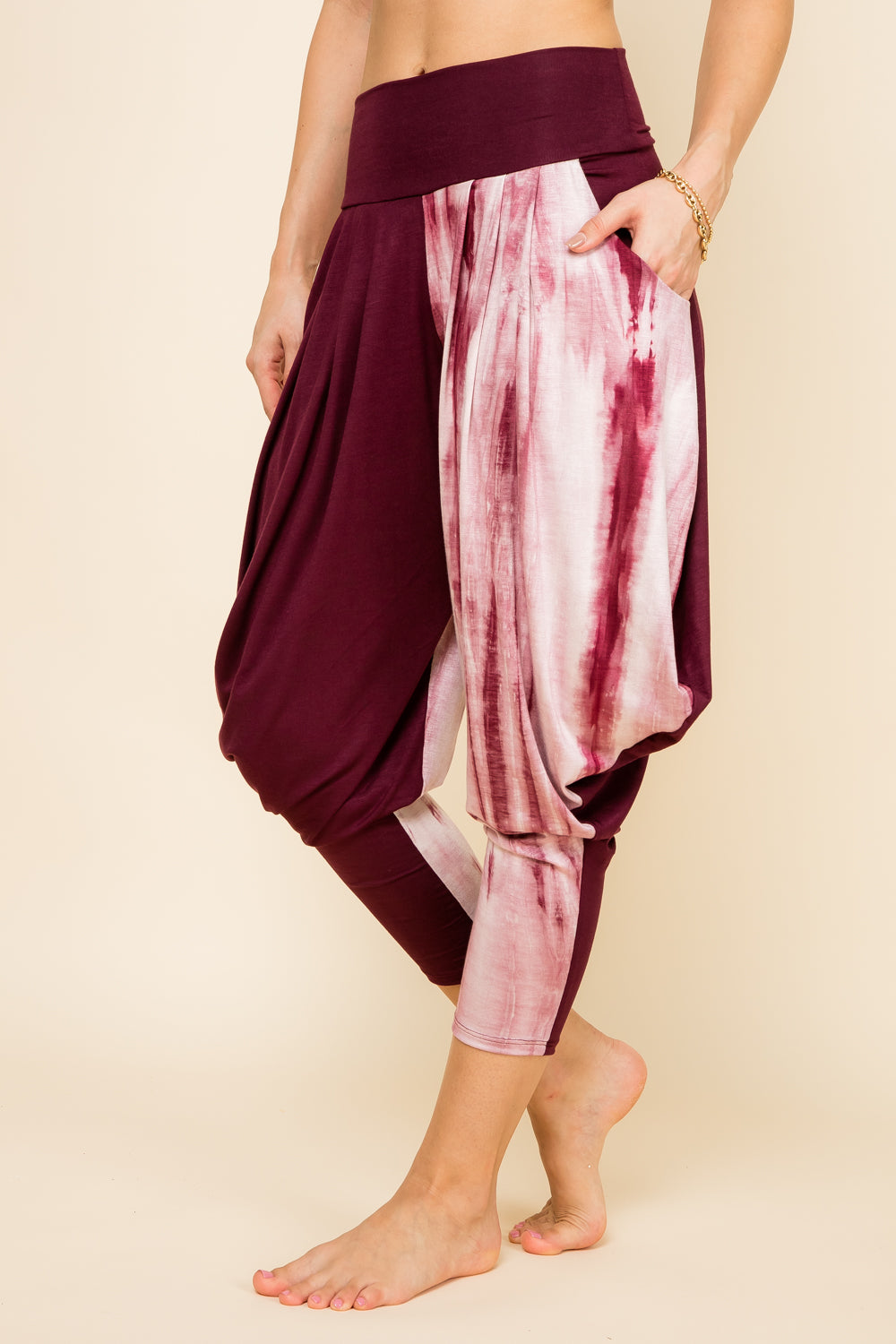 Side view of burgundy marble patchwork women’s harem pants with stretch waistband – Kooniez brand