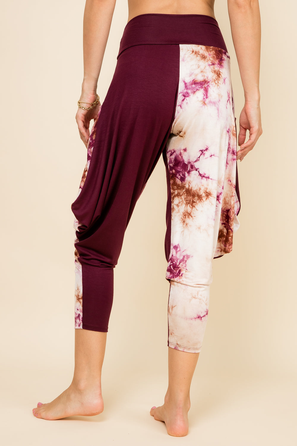Back view of burgundy patchwork harem pants with adjustable hem and pockets – Kooniez