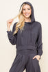 Front view of woman wearing charcoal cropped hoodie – soft loungewear hoodie, made in USA
