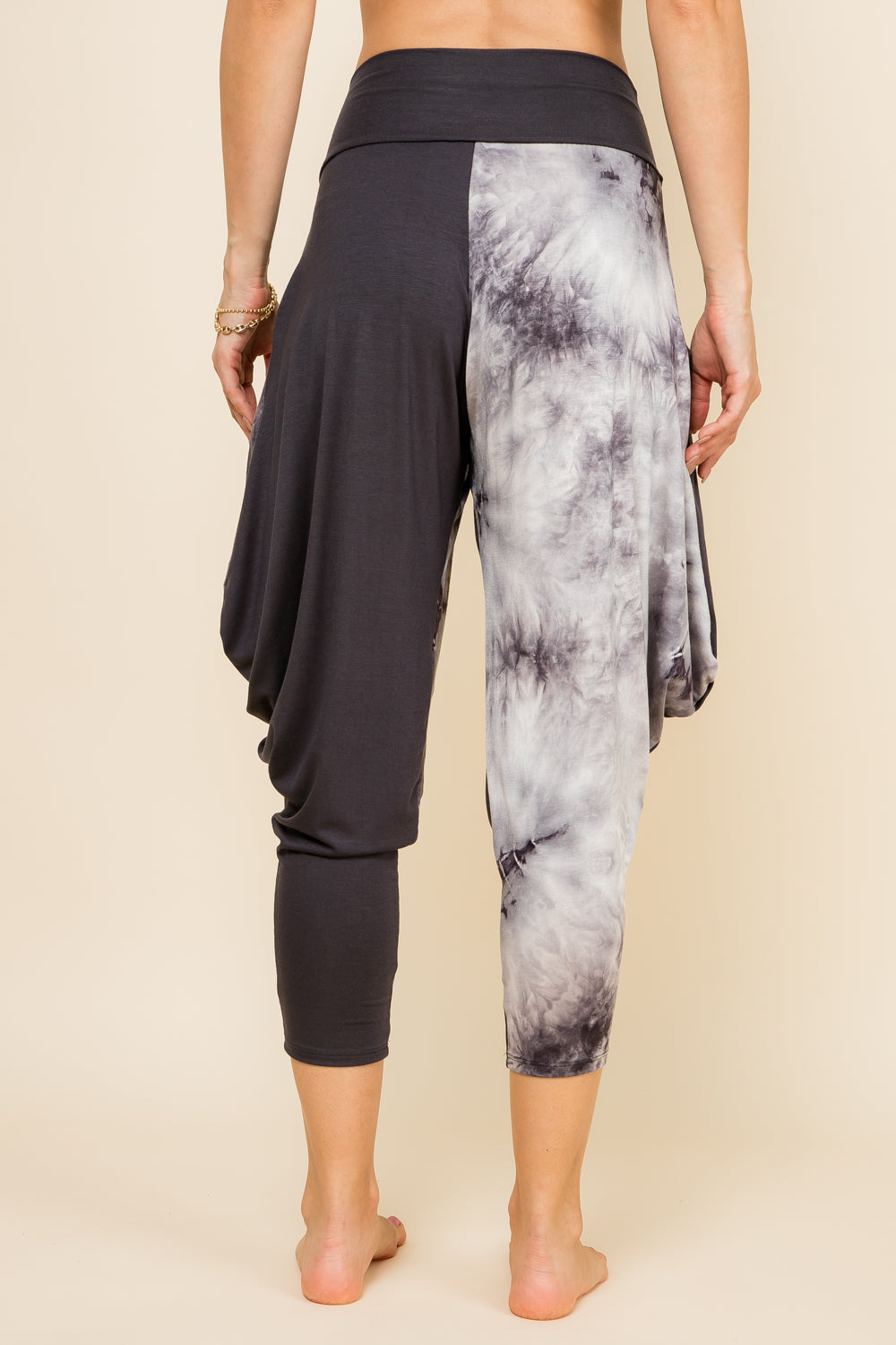 Back view of charcoal patchwork harem pants with adjustable hem and pockets – Kooniez