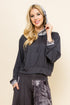 Front view of woman wearing charcoal tie-dye patchwork cropped hoodie – soft loungewear hoodie, made in USA