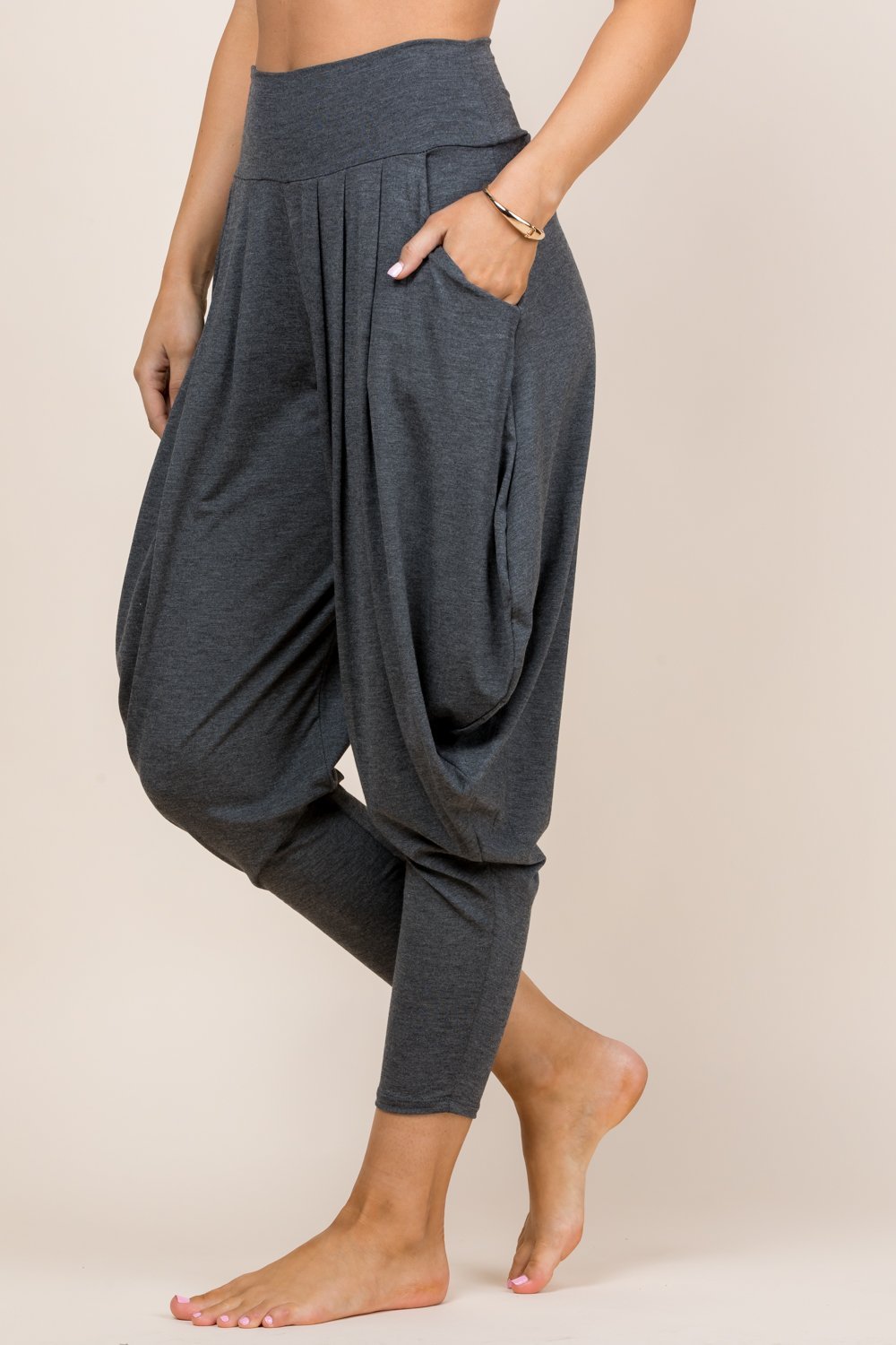 Side view of dark heather women’s harem pants with stretch waistband – Kooniez brand