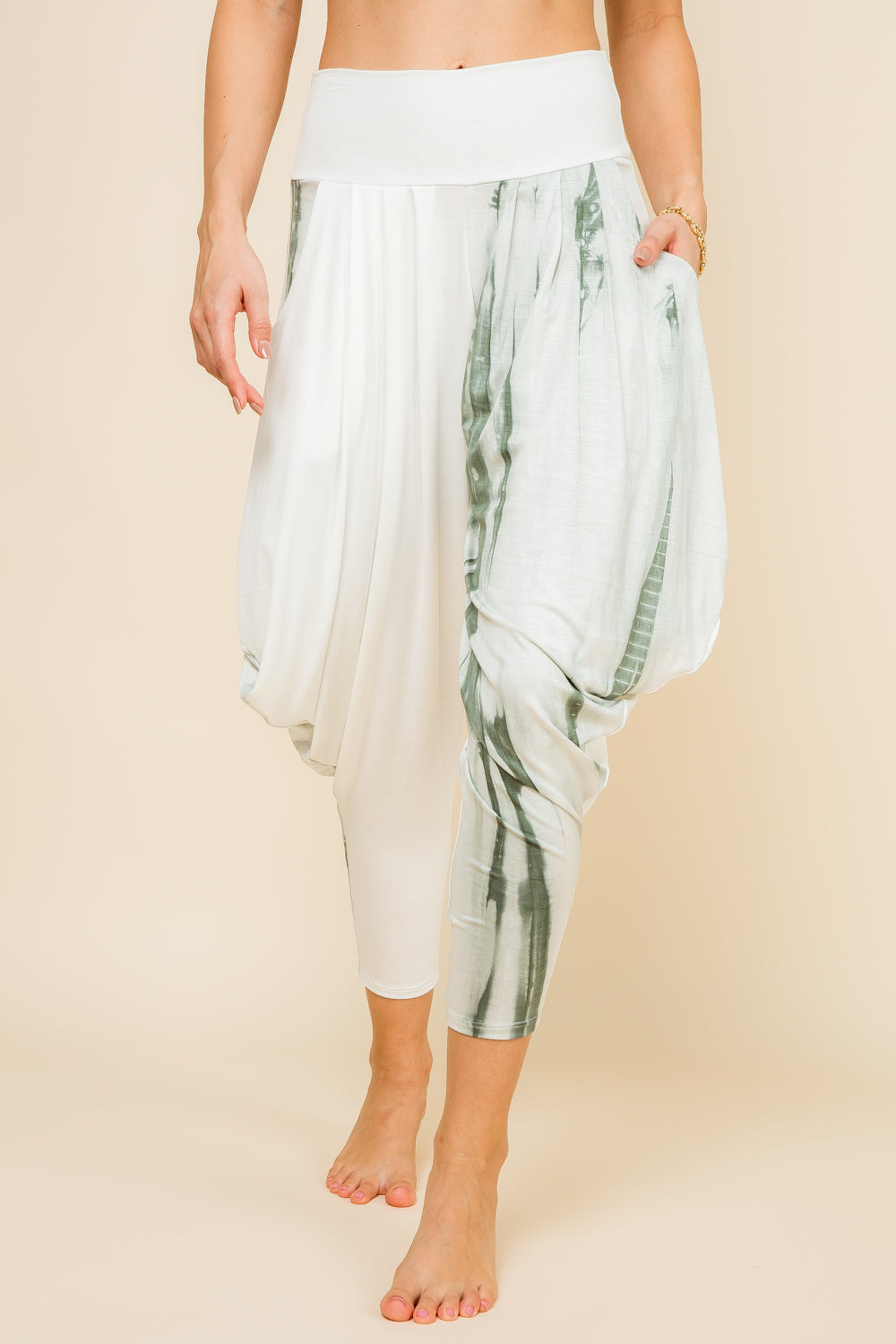 Full view of mint and ivory patchwork lounge harem pants for women by Kooniez – comfy and breathable