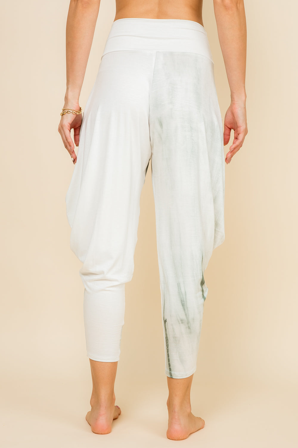 Back view of mint and ivory patchwork harem pants with adjustable hem and pockets – Kooniez