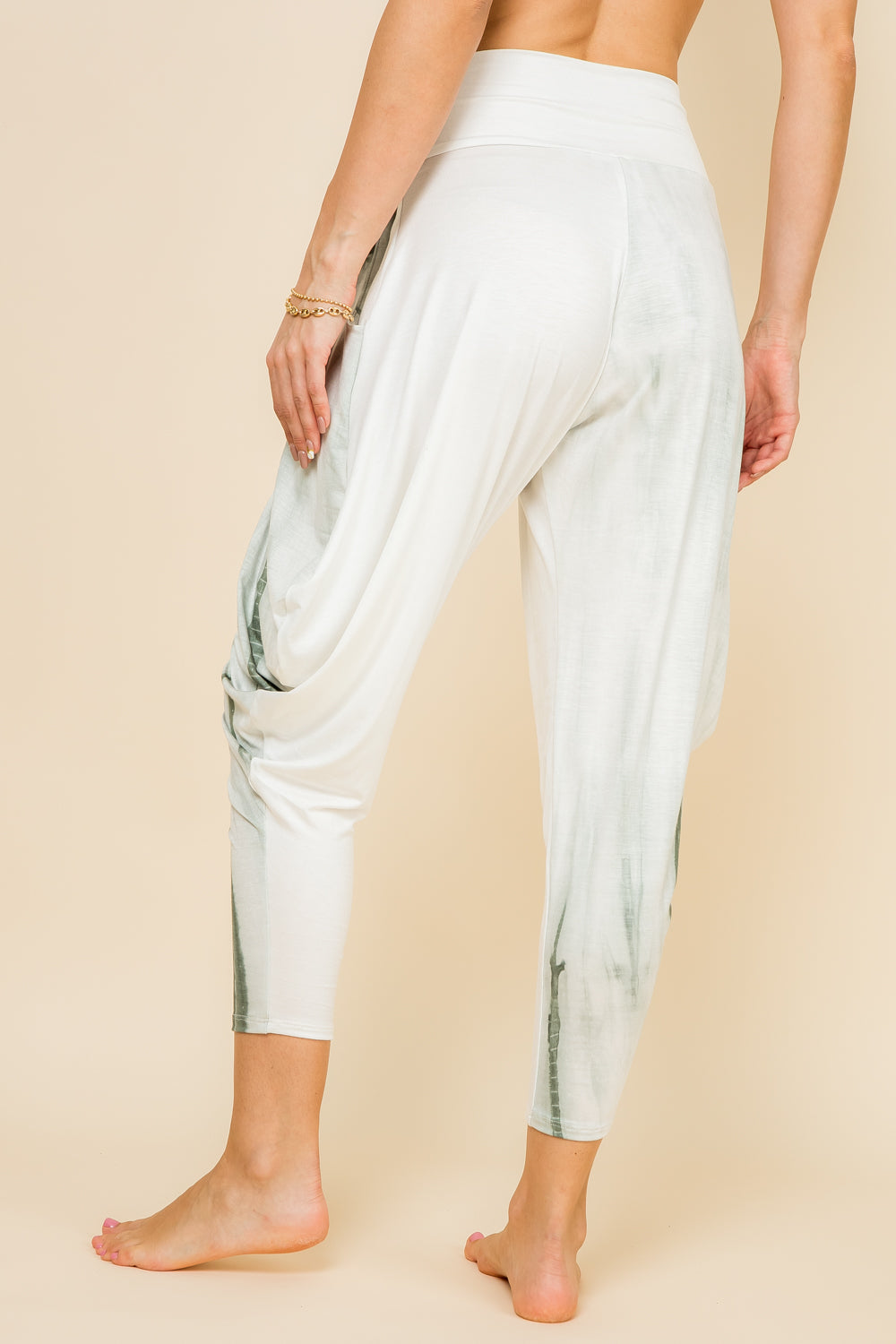 Side view of mint and ivory patchwork women’s harem pants with stretch waistband – Kooniez brand