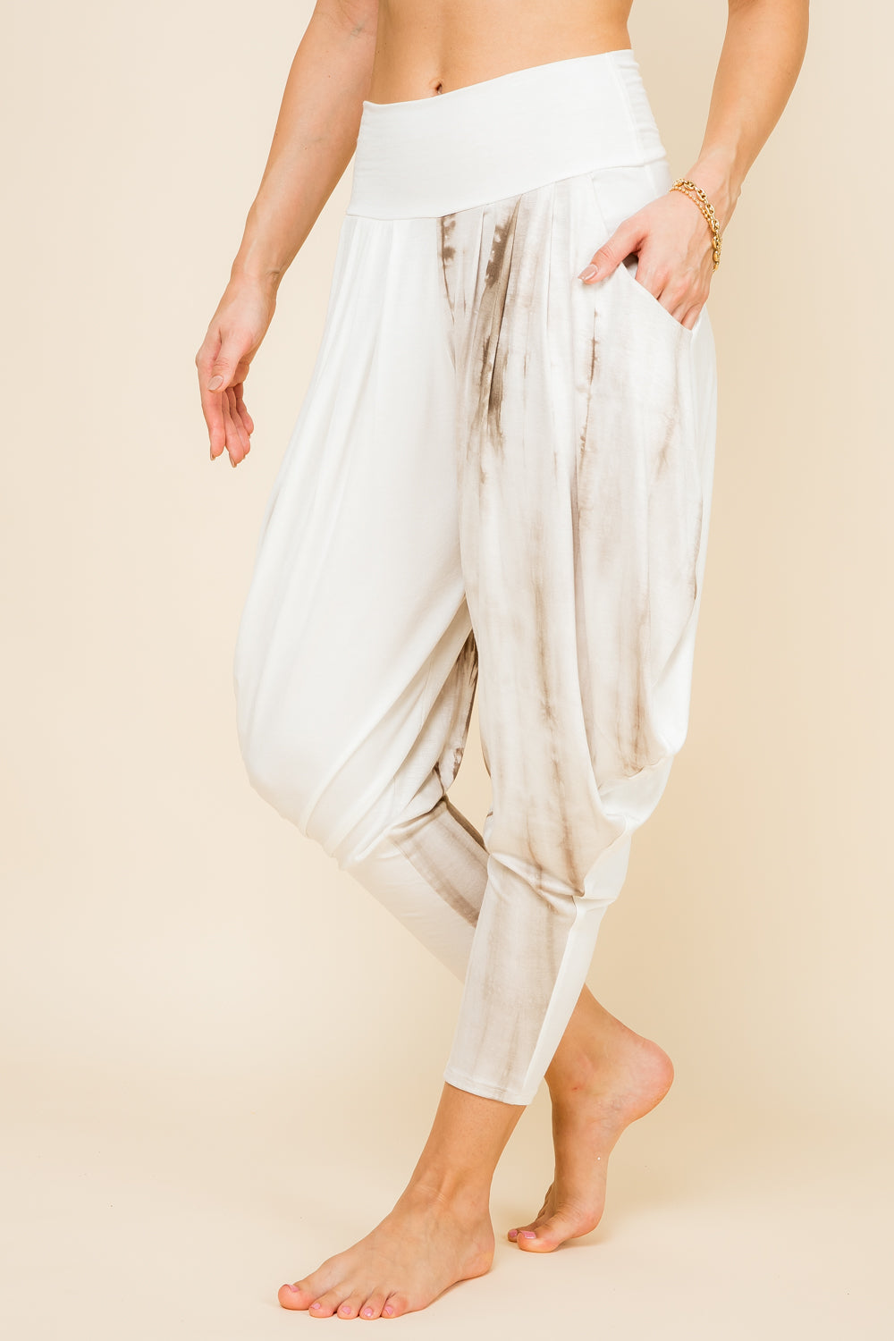 Side view of mocha patchwork women’s harem pants with stretch waistband – Kooniez brand