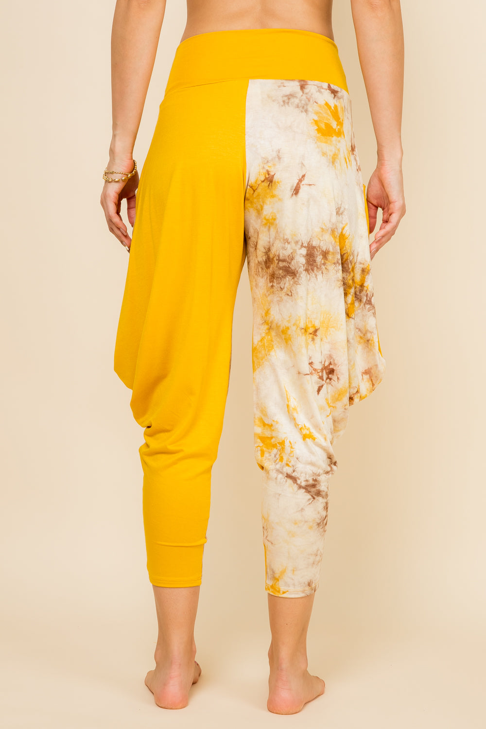 Back view of mustard patchwork harem pants with adjustable hem and pockets – Kooniez