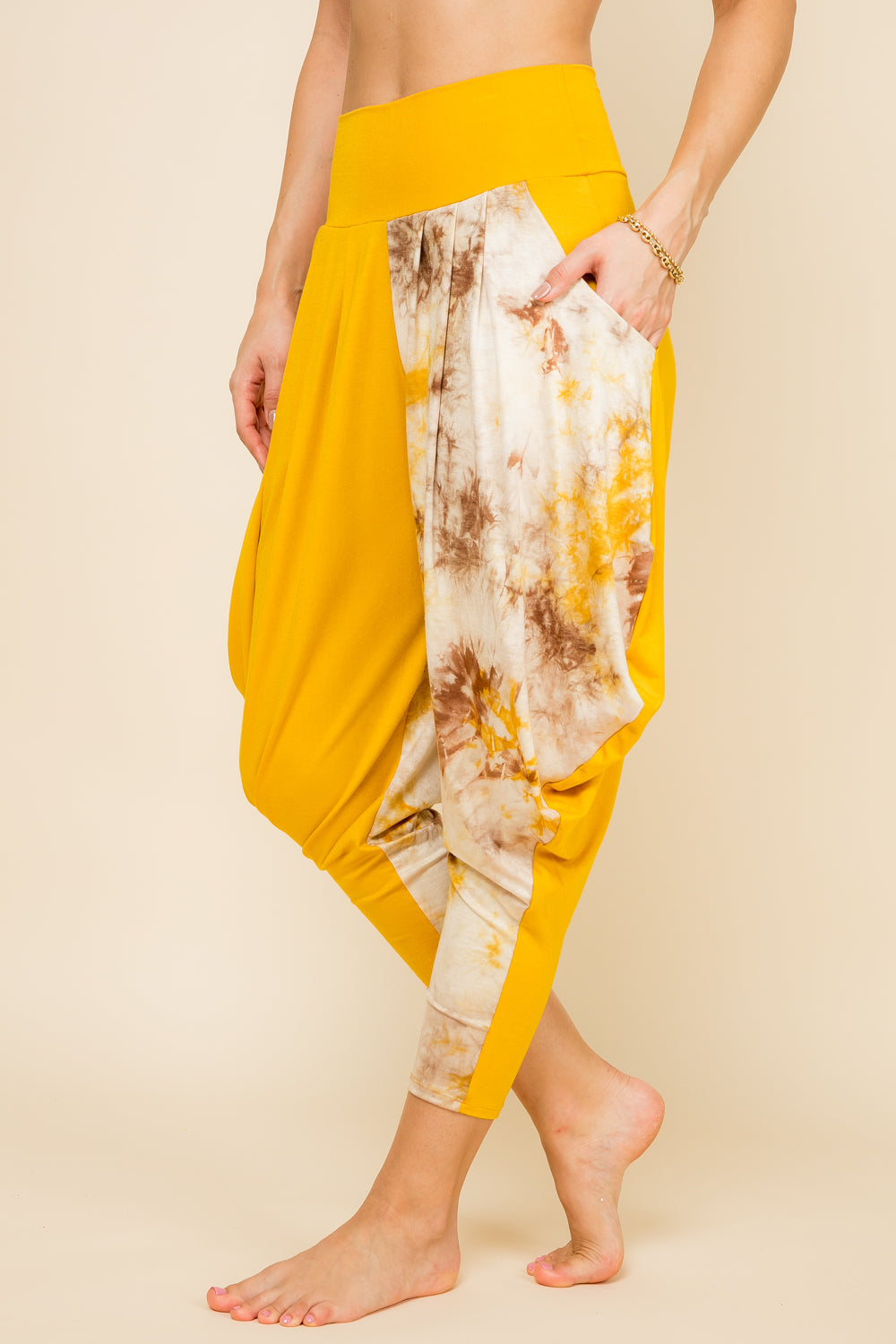 Side view of mustard patchwork women’s harem pants with stretch waistband – Kooniez brand