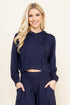 Front view of woman wearing navy blue cropped hoodie – soft loungewear hoodie, made in USA