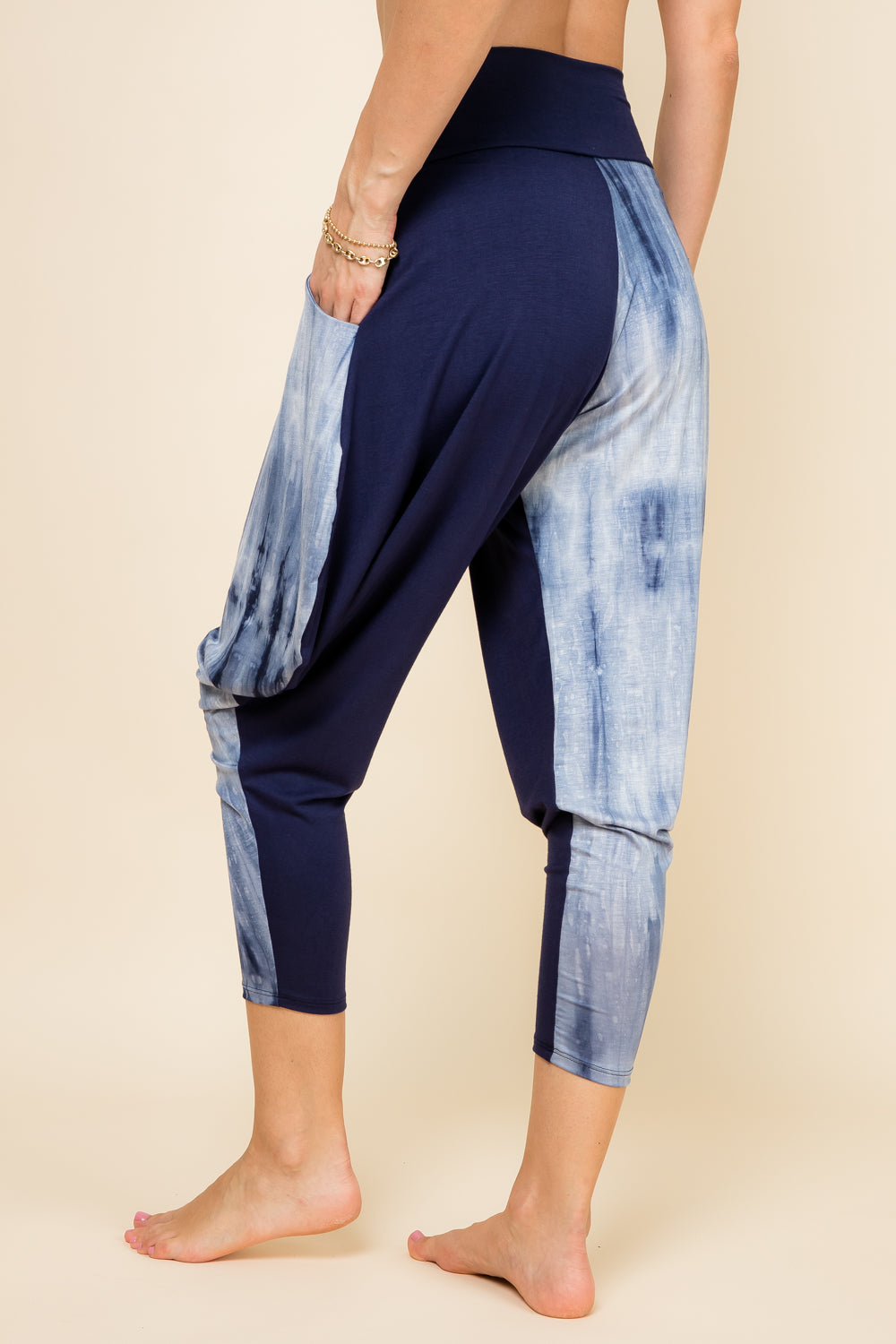 Back view of navy marble patchwork harem pants with adjustable hem and pockets – Kooniez