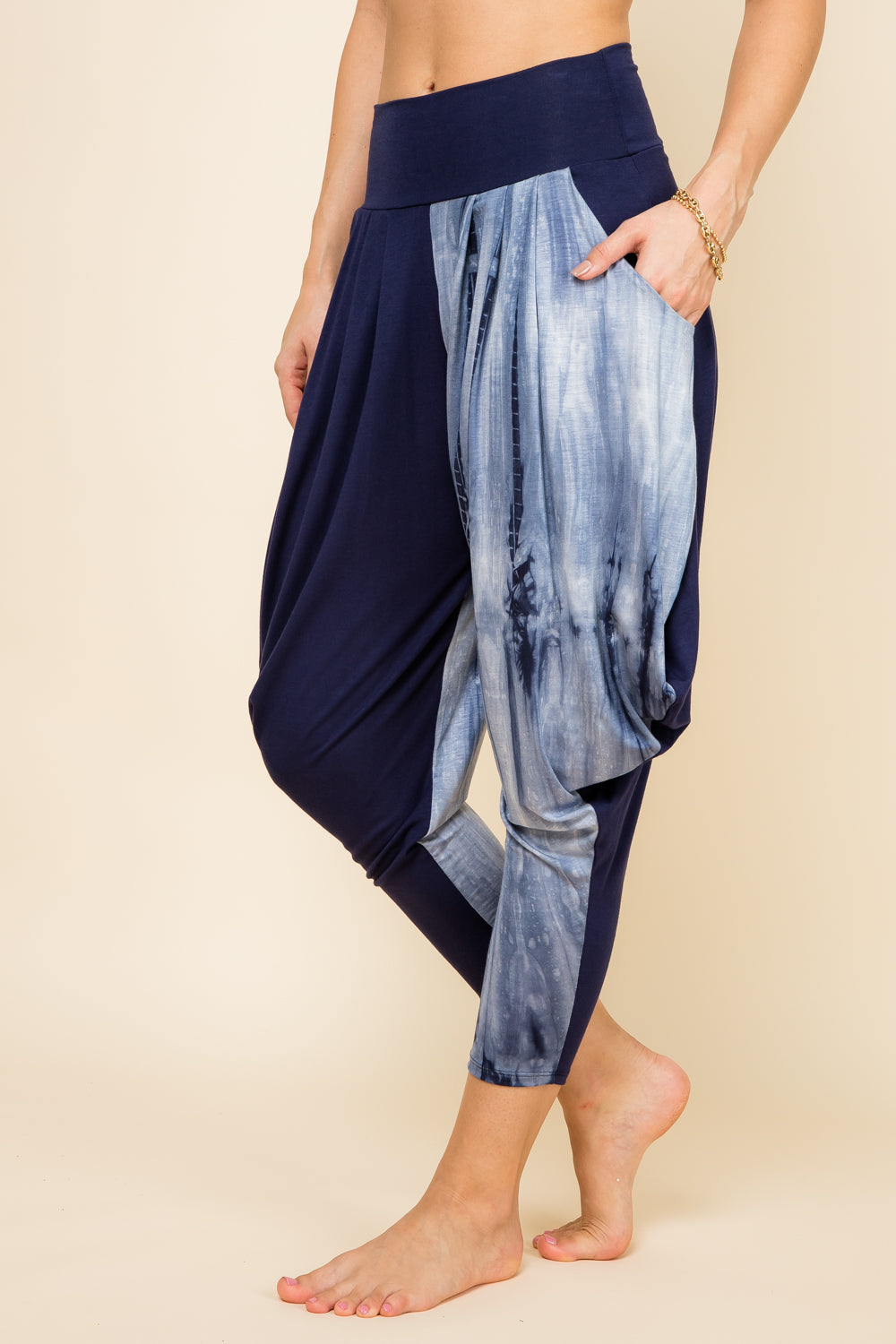 Side view of navy marble patchwork women’s harem pants with stretch waistband – Kooniez brand