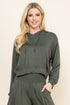 Front view of woman wearing olive cropped hoodie – soft loungewear hoodie, made in USA