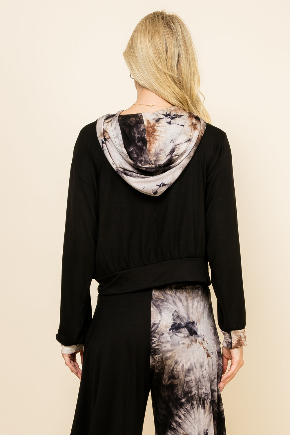 Back view of black tie-dye patchwork women&