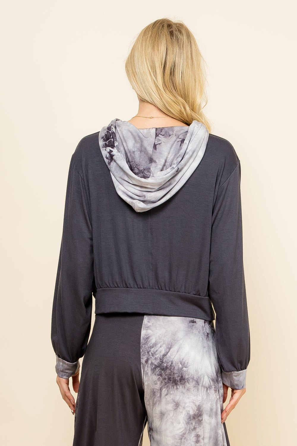 Back view of charcoal tie-dye patchwork women&