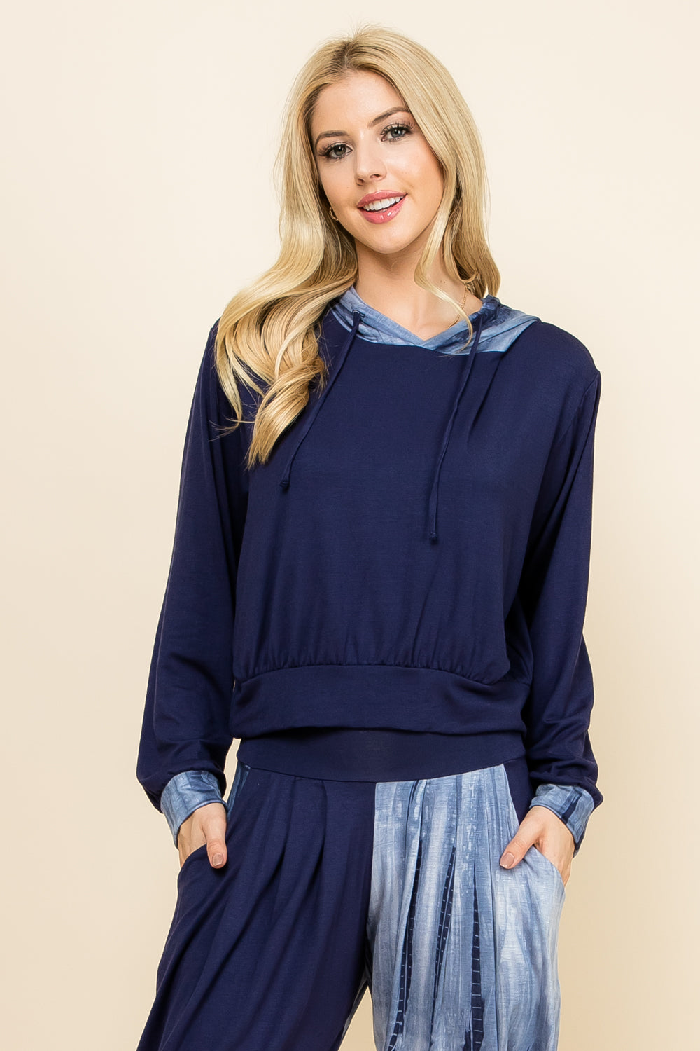 Side view of navy marble tie-dye patchwork cropped hoodie – relaxed yoga-ready hoodie made in Los Angeles