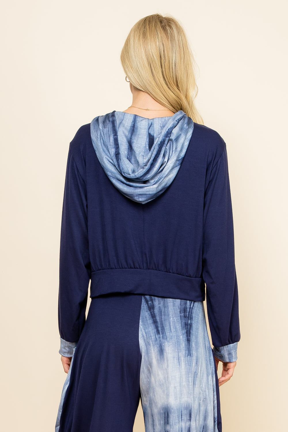 Back view of navy marble tie-dye patchwork women&