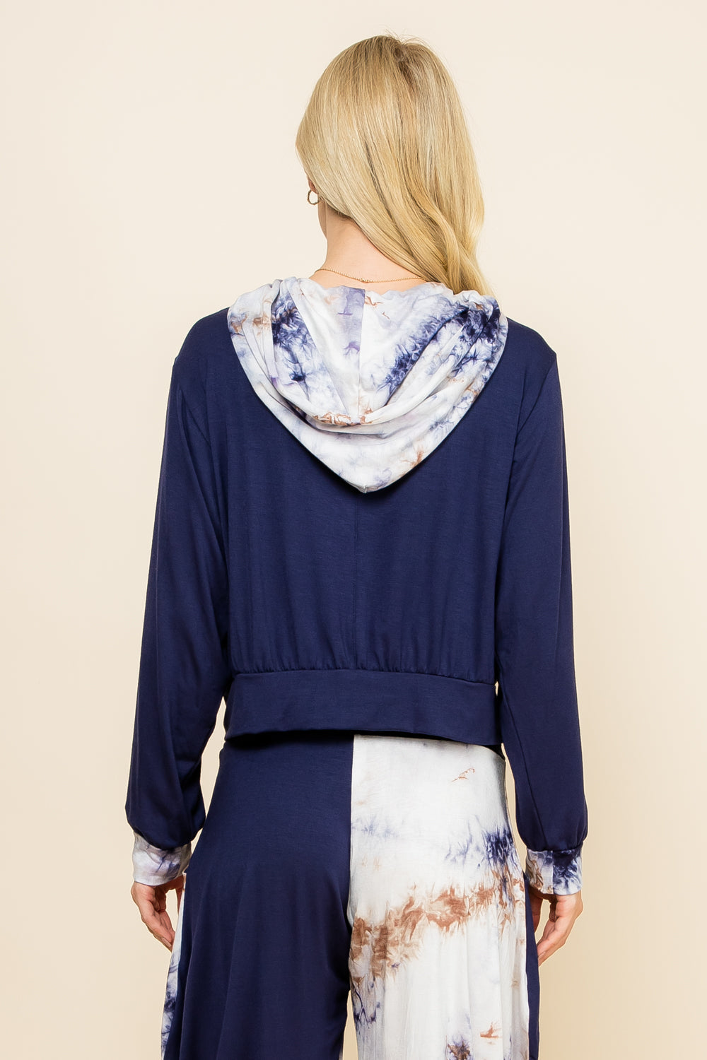Back view of navy tie-dye patchwork women&