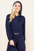 Side view of navy blue cropped hoodie – relaxed yoga-ready hoodie made in Los Angeles